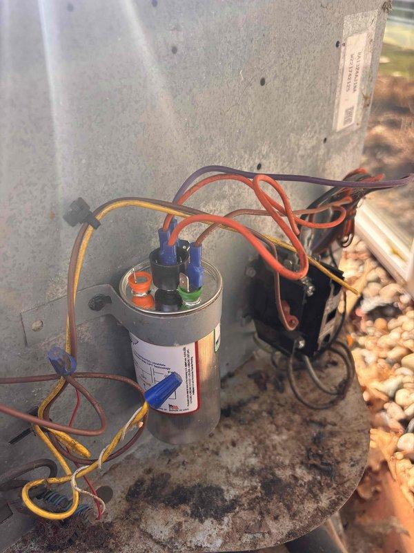 Responded to a no-cooling call on a 9-year-old Rheem system that was cycling off after 10-15 minutes of operation and requiring manual resets to restart. Upon inspection, diagnosed a failed dual-run capacitor causing the compressor to short-cycle and shut down on thermal overload. Replaced the defective capacitor with proper OEM-spec replacement, verified all electrical connections, and tested system operation through multiple complete cycles. Unit now running continuously with proper amp draw and cooling performance restored. System returned to full operational status.
