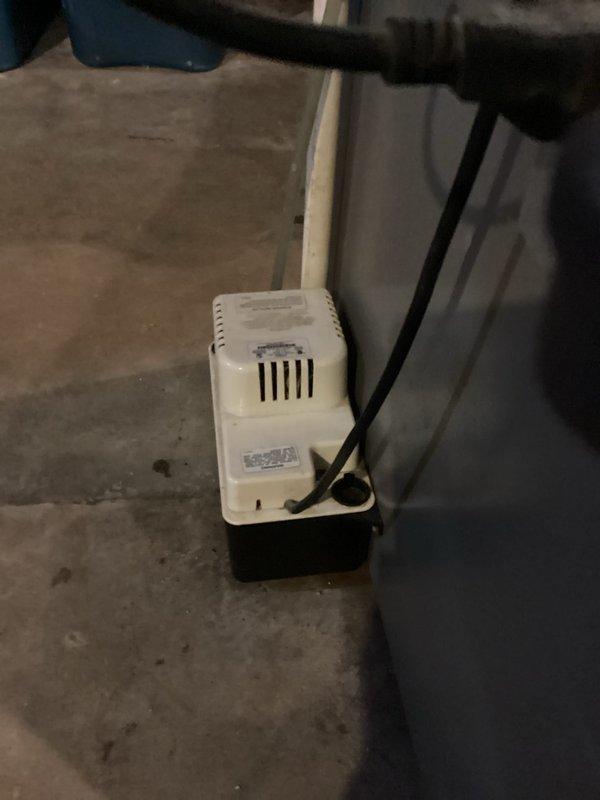 Completed annual cooling maintenance on 15-year-old Lennox air conditioning system with condenser manufactured in 2017. Inspected condensate pump operation in basement mechanical room and verified proper drainage function; documented water heater and utility room conditions showing normal wear patterns and minor moisture staining on concrete floor near equipment.
