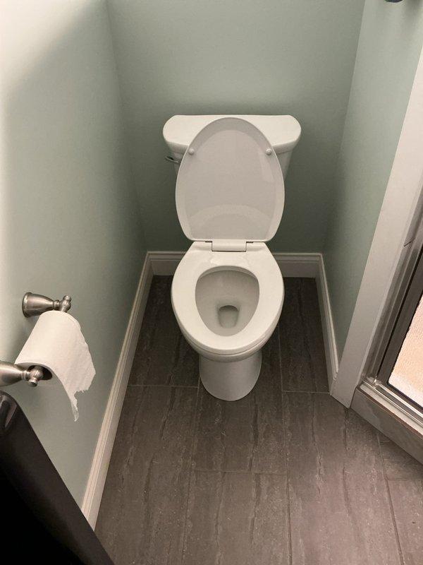 Completed installation of Liberty Pumps StormCell battery backup sump pump system in crawl space with 12VDC power supply and proper electrical connections. Removed existing toilet and installed new white porcelain toilet in bathroom with gray wood-look tile flooring, ensuring proper sealing, water supply connection, and operational testing upon completion.
