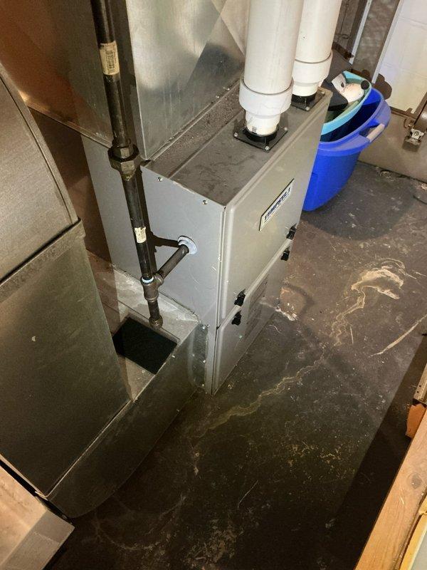 Conducted sales estimate for complete HVAC system replacement. Existing 16-year-old air handler unit located in basement utility area showing significant age-related deterioration with dust accumulation and outdated components. System reportedly failed after minimal operation following customer occupancy in 2023. Documentation revealed water damage and staining on concrete floor surrounding equipment, indicating potential condensate drainage issues or previous flooding concerns. Assessed current installation configuration including air handler, ductwork connections, and associated mechanical components to provide comprehensive replacement options for new high-efficiency system.