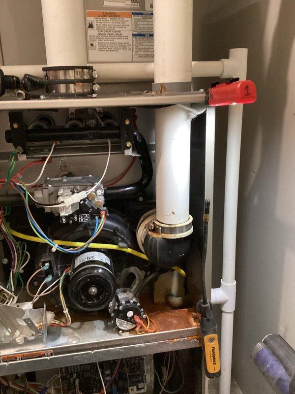 # AC Tune-Up Summary

Completed comprehensive AC tune-up service on 4-year-old Carrier system. Performed standard maintenance protocol including inspection of all major components, electrical connections, and refrigerant lines. System access panels were removed to allow thorough examination of blower motor assembly, control boards, and wiring harnesses. All electrical connections verified secure with proper voltage readings. Condensate drain system inspected and confirmed clear and functioning properly. PVC drain lines checked for proper pitch and secure connections. Unit's internal components photographed for service documentation. All safety labels and manufacturer specifications verified present and legible. System reassembled, tested for proper operation, and left in excellent working condition. No issues or deficiencies identified during inspection.