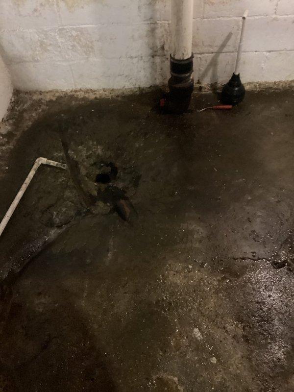 Responded to main sewer line blockage affecting entire residential plumbing system in century-old home. Upon arrival, found extensive basement flooding with standing water throughout utility area, indicating sewage backup from clogged main line. Successfully cleared obstruction using professional drain cleaning equipment, restoring full flow to main sewer line and eliminating backup condition. Documented pre-existing water damage to basement walls and floor, noting moisture staining and deterioration of painted concrete block surfaces. Verified proper drainage function of vertical PVC stack and tested system operation post-clearing. All fixtures returned to normal operation following main line clearance.