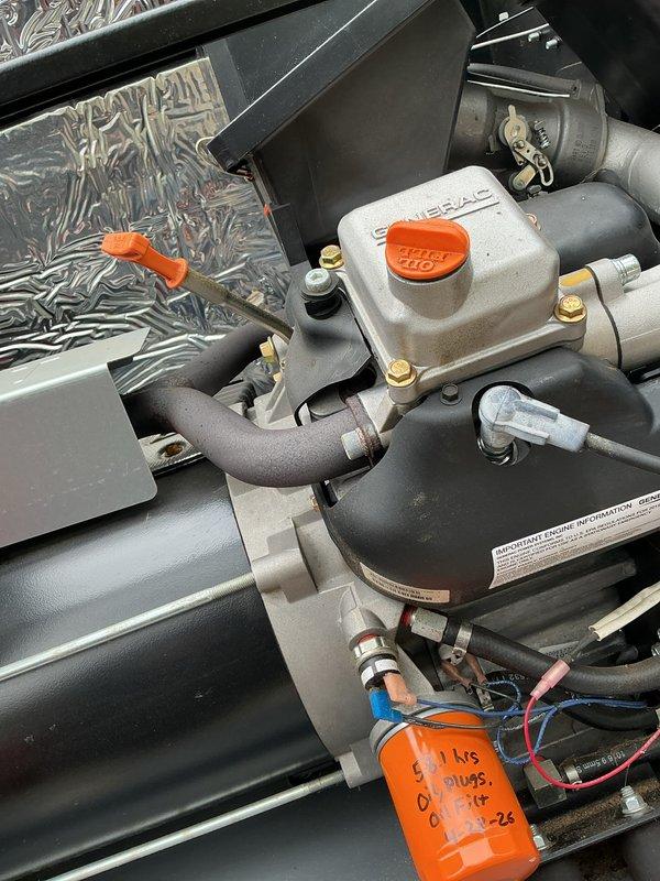 Completed routine maintenance on Generac generator system at five-year-old residence. Inspected fuel system components, electrical connections, and control assembly; all systems operating within normal parameters. Advised homeowner that battery replacement may be needed in near future as previously noted, though current performance remains satisfactory.