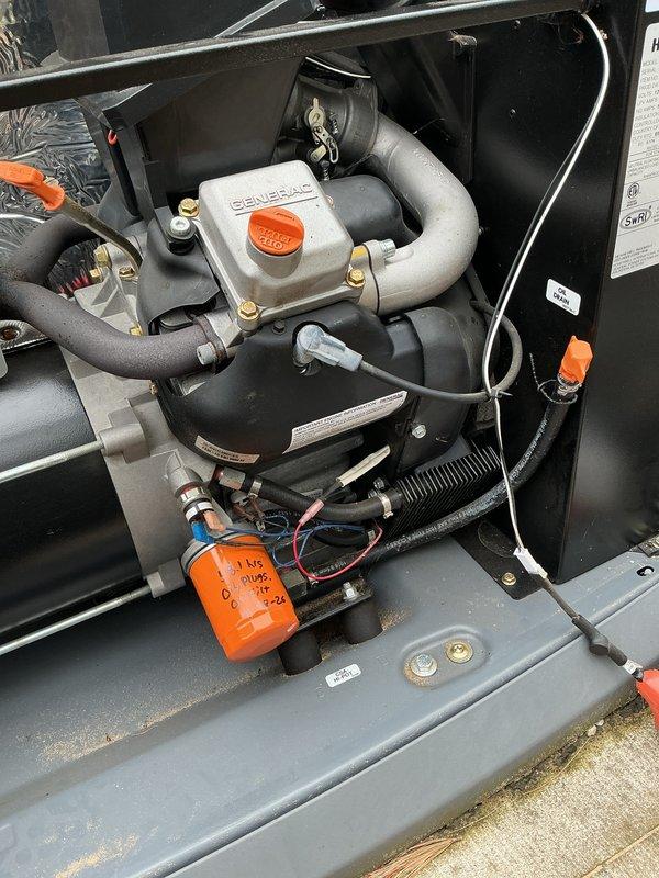 Completed routine maintenance on Generac generator system at five-year-old residence. Inspected fuel system components, electrical connections, and control assembly; all systems operating within normal parameters. Advised homeowner that battery replacement may be needed in near future as previously noted, though current performance remains satisfactory.