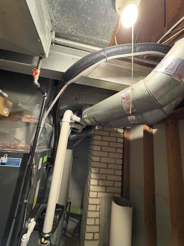 Responded to no heat call for 3-year-old EnergiAir furnace under warranty until October 2027. Upon arrival, assessed basement mechanical room and furnace installation, documented existing conditions including ductwork and venting systems. System was completely non-operational at time of service, requiring diagnostic evaluation of electrical components, gas supply, and control board functionality to determine root cause and restore heating operation to the residence.