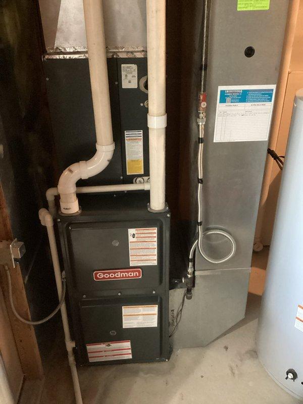 Completed annual heating maintenance on a 6-year-old Goodman furnace system. Performed comprehensive tune-up including inspection of all mechanical components, burner assembly, heat exchanger, blower motor, and electrical connections. Verified proper operation of safety controls and gas valve. Cleaned and tested system for optimal performance and efficiency. All components found to be in good working condition with no issues identified.