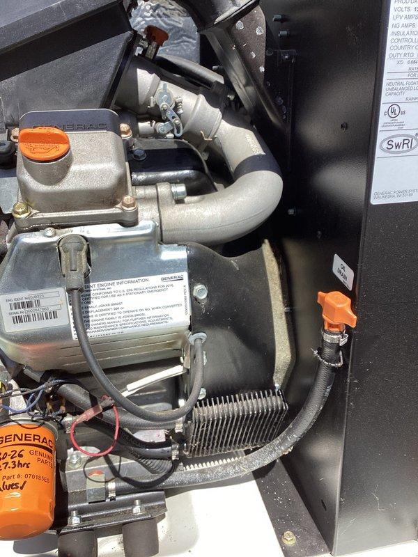 Completed comprehensive tune-up service on 6-year-old Generac standby generator unit. Performed standard maintenance procedures including oil and filter change (orange Generac filter installed), spark plug inspection, air filter service, and full system operational testing. All internal components inspected and found in good working condition with no visible wear or damage requiring immediate attention.