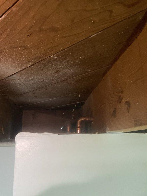 Responded to emergency water leak call originating from copper piping in basement area related to previous installation work. Upon inspection, identified active leak at copper pipe joint with visible blue-green corrosion and discoloration on vertical pipe run within exposed framing structure. Assessed compromised solder joint connection and copper elbow fitting in crawl space area. Repaired defective pipe connection, addressed corrosion issue, and restored system integrity. Verified repair under pressure and confirmed no additional leaks present. Documented conditions with photos for service records.