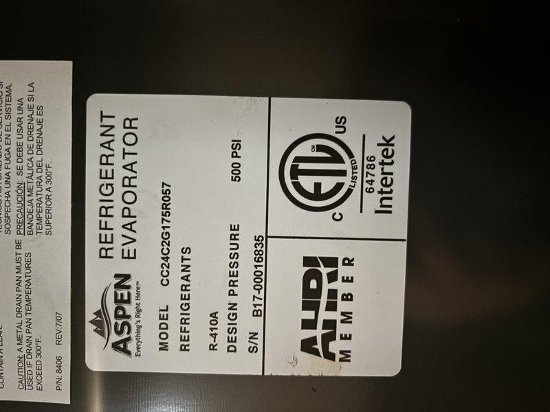 Completed comprehensive ASTU-AC Super Tune-up on a 15-year-old Aspen refrigerant evaporator system utilizing R-410A refrigerant. Performed full system inspection, documented equipment specifications including model CCA2G175R057, verified proper operation of all components, and captured detailed photos of manufacturer labels and technical specifications for service records.