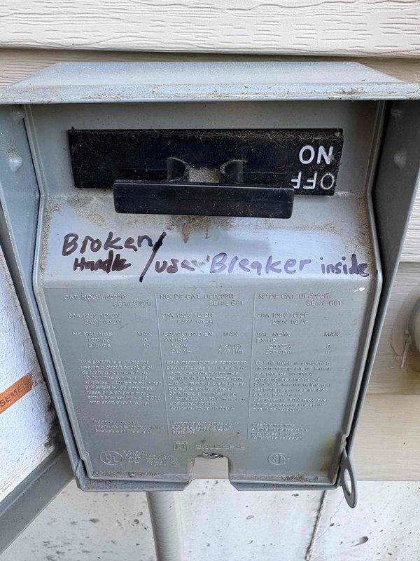 Completed annual cooling maintenance on 2011 Lennox AC system. Performed comprehensive system inspection and testing of 18-year-old unit. Noted outdoor disconnect box has inoperable handle with handwritten warning indicating broken handle requiring use of interior breaker for system shutoff. Conducted electrical diagnostics using digital multimeter, measuring capacitor performance which showed 0.117 reading on 7.5µF rated component indicating potential capacitor degradation. Inspected all electrical connections, wiring, and components within air handler. Documented existing conditions with photos for service records. System operational at time of departure with notation of disconnect box safety concern requiring future attention.