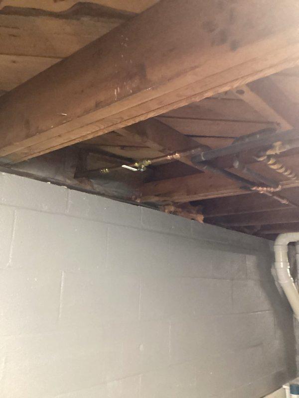Responded to plumbing leak in basement area. Upon inspection, identified leaking copper pipe with brass fittings in exposed floor joist system above concrete block foundation wall. Documented existing conditions showing moisture staining on wooden joists and structural members, indicating active water intrusion. Assessed plumbing system configuration and determined source of leak requiring repair to prevent further water damage to structural components.