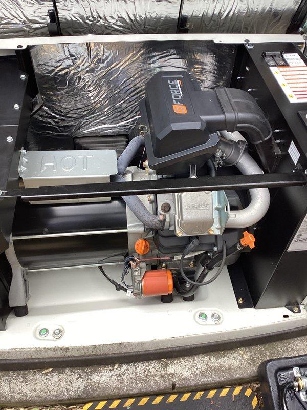 Completed scheduled 4-year preventative maintenance and tune-up on Generac generator unit. Performed comprehensive system inspection including visual examination of all accessible components within the generator housing. Inspected gas piping assembly, valves, and connections for proper operation and secure mounting. Verified blower motor assembly and electrical connections were intact and functioning correctly. Examined refrigerant lines and condensate drainage system for proper installation and signs of moisture accumulation. Checked all mechanical fasteners, mounting brackets, and cabinet integrity. Reviewed manufacturer specifications and compliance labeling. Documented equipment condition through photographic records showing internal components including gas valve assembly with safety caps, blower motor housing, reflective insulation, and piping connections. All systems found to be in operational condition with normal wear patterns. Unit ready for continued service.