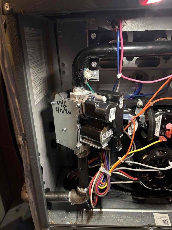 # HVAC System Repair - No Heat Condition

Responded to service call for gas furnace running without producing heat. Upon arrival, performed diagnostic inspection of heating system and internal components.

Opened service panel and accessed internal wiring and control systems. Identified failed or damaged ring terminal connectors on critical electrical connections. These terminals showed signs of deterioration that prevented proper electrical continuity to heating components.

Removed three defective ring terminals from the system wiring. Replaced failed connectors with new ring terminals to restore proper electrical connections. Verified all wire connections were secure and properly seated.

Tested system operation after repairs. Confirmed furnace ignition sequence initiated properly and heating cycle engaged as designed. Verified heat output at supply registers. System restored to full operational status.