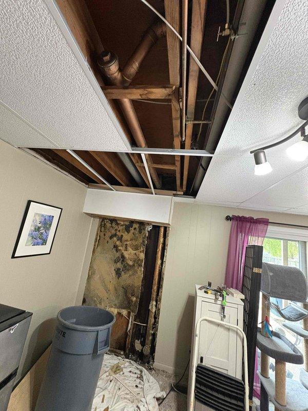 Responded to emergency plumbing leak from main toilet cleanout causing water infiltration into basement. Upon arrival, found severely corroded copper piping with failed connection at cleanout fitting, resulting in active water discharge and extensive ceiling and wall damage to lower level. Documented deteriorated plumbing infrastructure showing heavy rust, mineral deposits, and compromised brass fittings. Evidence of prolonged moisture exposure included damaged wooden structural members, ceiling material removal exposing joists and piping, and significant water staining throughout affected area. Photographed corroded pipe sections, failed connections, and resulting structural damage for documentation purposes.
