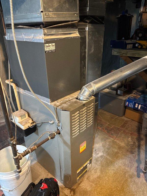 Completed annual cooling maintenance on 20-year-old Goodman HVAC system. Performed comprehensive inspection of air handler, furnace unit, condensate pump, and associated ductwork in mechanical room. Verified proper operation of drainage system with condensate pump and discharge lines, checked electrical connections, and confirmed all safety labels and warning indicators were intact and visible on equipment.