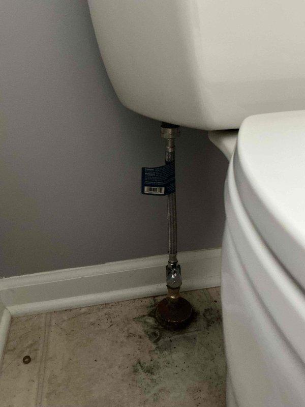 Completed installation of customer-supplied toilet and two angle stops in bathroom. Installed new fixtures with braided stainless steel supply line, ensuring proper connections and seal integrity. All components tested and verified operational with no leaks detected.