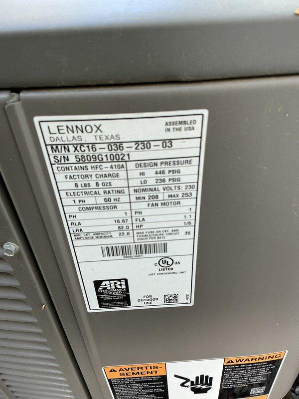 Completed annual cooling maintenance on a 16-year-old Lennox condenser unit (Model LMNXC15-036-230-03) containing R-410A refrigerant. Performed standard tune-up procedures including system inspection, cleaning, and operational testing to ensure proper function for the cooling season.