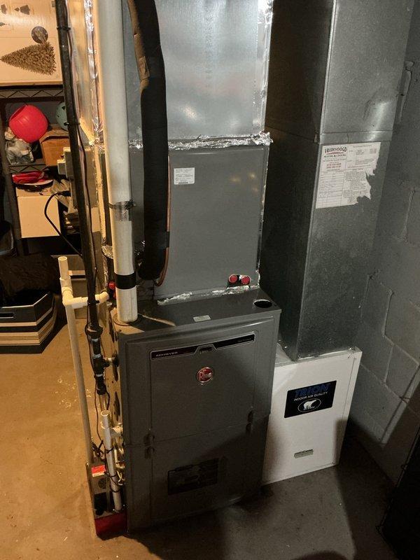 Completed annual cooling maintenance on 4-year-old Rheem system. Performed comprehensive inspection of outdoor condenser unit and indoor air handler components, checked refrigerant pressures and temperatures, verified proper system operation and airflow, cleaned condensate drain line, and inspected all electrical connections. System is operating within manufacturer specifications with no issues found at this time.