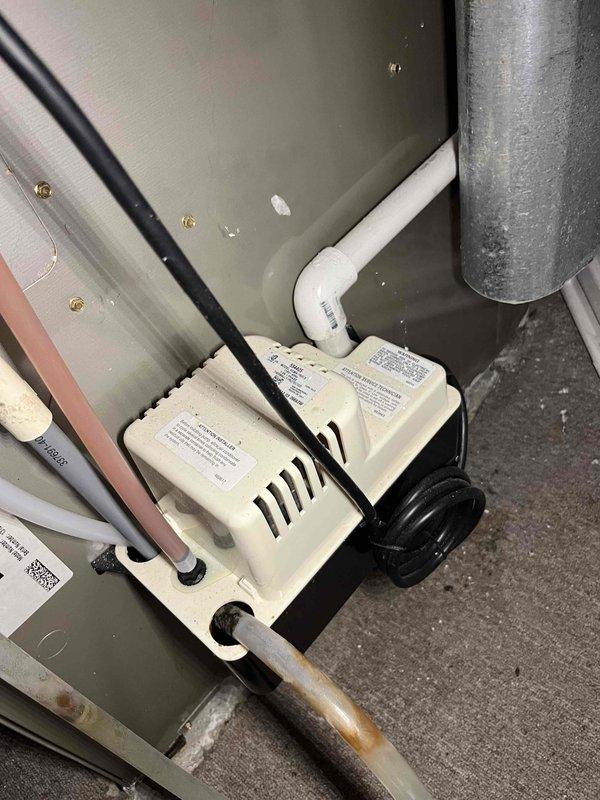 Completed annual cooling maintenance on 9-year-old Carrier system with coil manufactured in 2022. Inspected condensate pump operation and drainage system, verified proper function and secure mounting. Checked capacitor connections and electrical components within outdoor unit, confirmed all wiring secure and system operating within normal parameters.