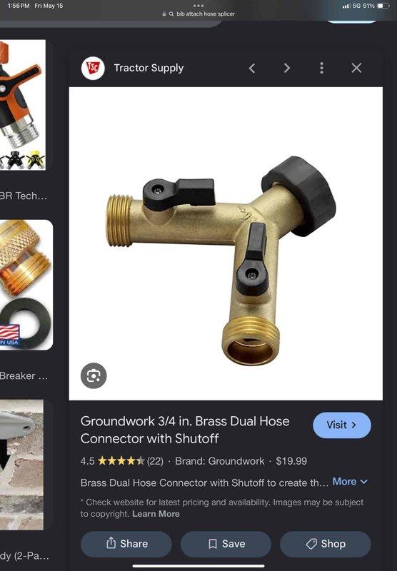 Installed a Groundwork 3/4 inch brass dual hose connector with individual shutoff valves on outdoor faucet to provide dual water access points. The Y-connector features independent control levers for each outlet, allowing simultaneous use of multiple hoses or accessories while maintaining individual flow control.