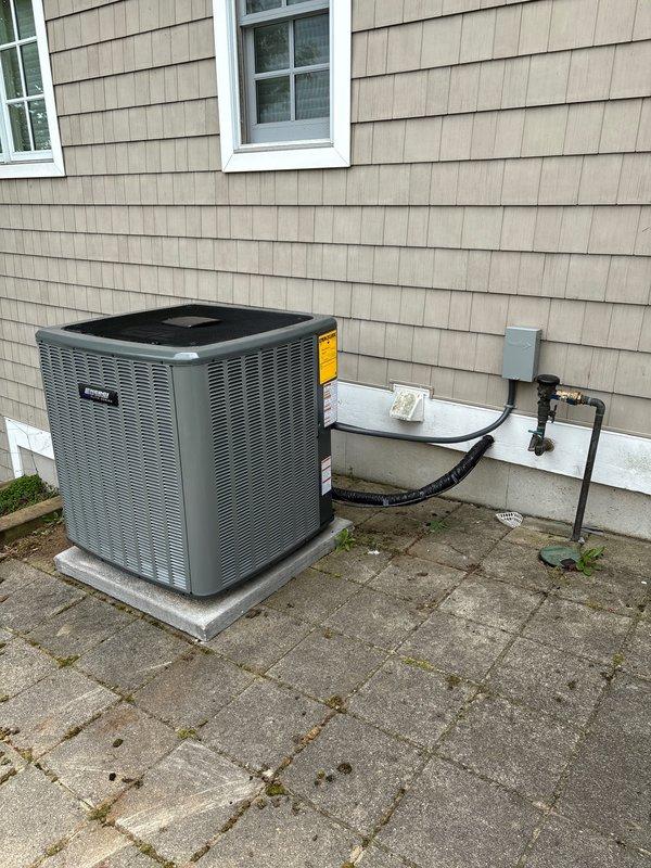 Completed full HVAC system installation including new furnace and air conditioning unit. Indoor equipment installed in basement mechanical room with proper PVC venting, condensate drainage, and AprilAire air handler integration. Outdoor condenser unit mounted on concrete pad with refrigerant line set, electrical disconnect, and all necessary connections to indoor components. All equipment tested and operational upon completion.