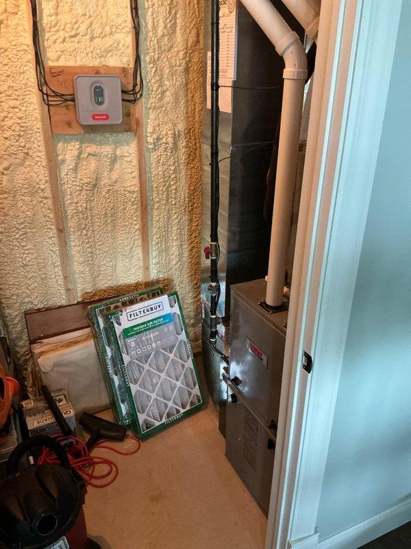 Performed diagnostic evaluation on non-operational residential air conditioning system for club member. Identified failed evaporator coil requiring replacement. Provided comprehensive estimate for system replacement options given the extent of repairs needed. Documented existing HVAC installation including furnace, air handler, ductwork configuration, and mechanical room conditions with detailed photography for customer review and decision-making purposes.