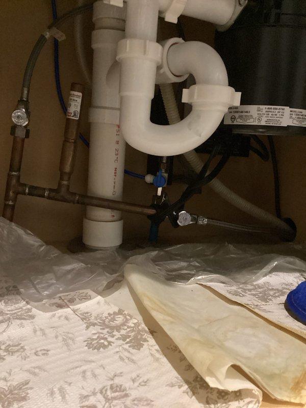 Conducted site assessment for installation of Everpure H-300 NXT water purification system beneath kitchen sink. Evaluated existing plumbing configuration including P-trap assembly, supply line connections, copper piping with shut-off valves, and available cabinet space for filter mounting. Documented current under-sink conditions showing adequate clearance for vertical filter installation alongside existing disposal unit and drain assembly. Confirmed compatibility of existing plumbing infrastructure with proposed water filtration system and identified connection points for cold water supply line integration.