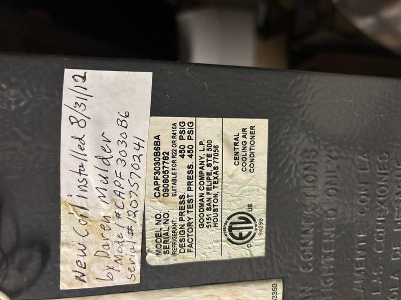 Completed annual cooling maintenance on Goodman central air conditioning system with CAPF30305BA evaporator coil (installed 8/31/19) and R-410A refrigerant. Performed comprehensive tune-up inspection, verified system operation, and documented equipment specifications and condition through photographic records.