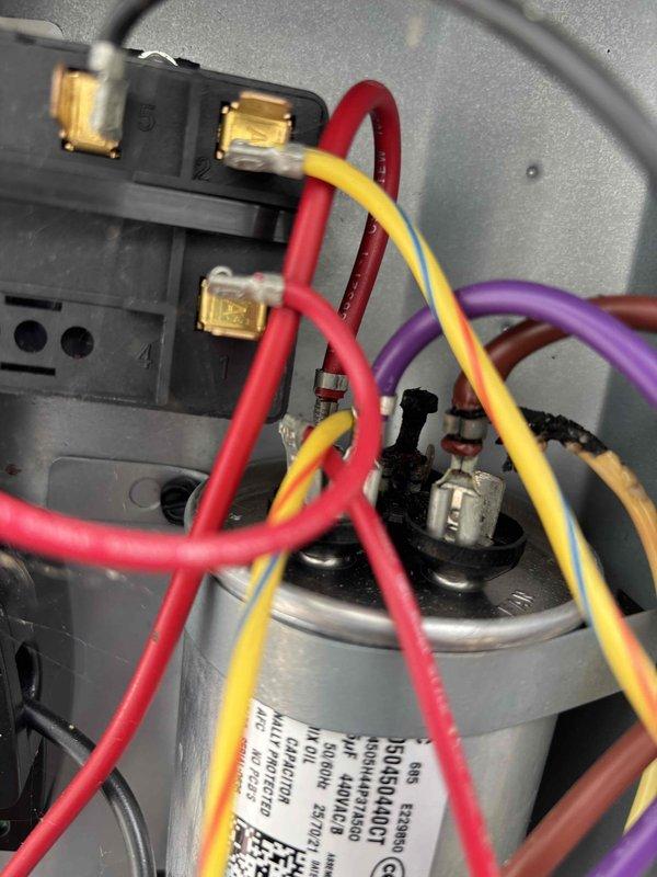 Responded to no cool call with outdoor unit fan not operating. Upon inspection, found failed run capacitor preventing condenser fan motor from starting. Replaced defective capacitor with proper replacement rated to manufacturer specifications, verified all electrical connections secure, and tested system operation with successful fan motor startup and normal cooling cycle restored.