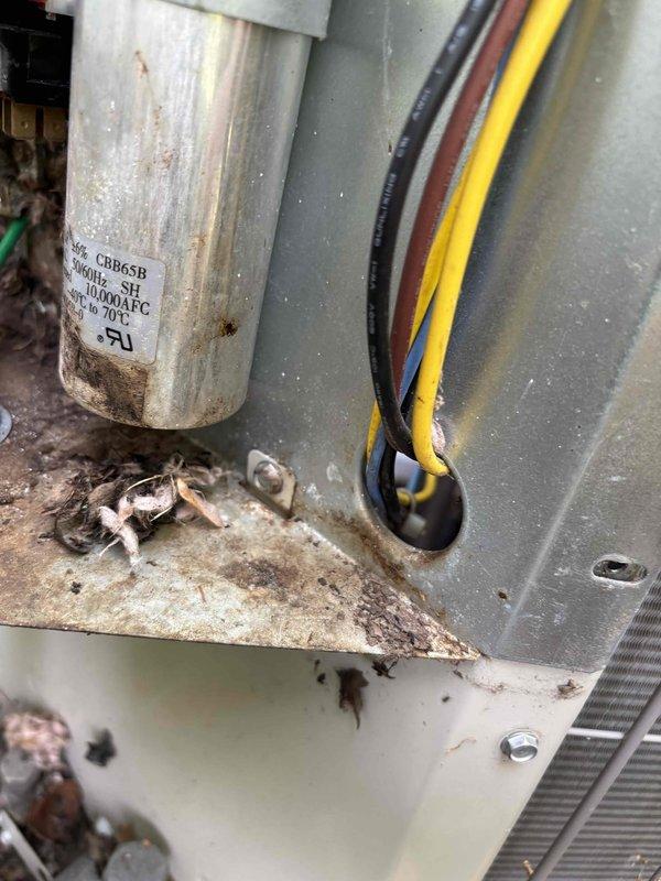# Air Conditioning No Cooling - Capacitor Failure

Responded to service call for air conditioning system running but not cooling. Upon arrival, performed diagnostic evaluation of 6-year-old EcoAir system. Visual inspection revealed failed dual-run capacitor with visible signs of deterioration, including surface discoloration, rust staining, and age-related degradation. Capacitor tested at CBB65B 370V 50/10µFD specification showed complete failure, preventing compressor from operating at proper capacity.

Removed defective capacitor and replaced with new OEM-equivalent component matching original specifications. Verified all electrical connections, secured wiring at junction points, and confirmed proper grounding. Cycled system through complete operational test. Compressor engaged properly, refrigerant pressures stabilized within normal range, and airflow temperature at registers confirmed adequate cooling restoration. System returned to normal operation. Recommended routine maintenance