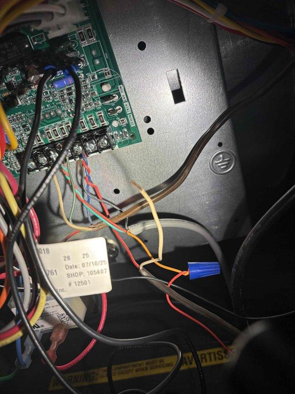 Responded to no-cooling complaint on newly installed EnergiAir system that had never operated since January installation. Upon inspection, found improper wiring connections at the thermostat terminal block affecting Y/Y1 and Y2 compressor call circuits. Corrected all low-voltage wiring connections per manufacturer specifications, verified proper wire terminations at control board, and confirmed 24VAC signal path to outdoor unit. Tested system operation through complete cooling cycle, verified proper compressor engagement, and confirmed adequate airflow throughout home. System now functioning as designed with all zones cooling properly.