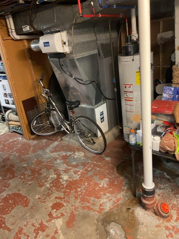 Provided estimate for replacement of 12-year-old Lochinvar water heater exhibiting active leaking and visible corrosion staining on lower exterior. Unit has been experiencing chronic leakage for extended period, requiring immediate replacement to prevent further water damage to basement area and property.