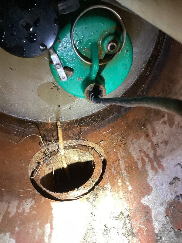 Performed video camera inspection of residential drain line per customer request due to suspected blockage from debris, roots, and foreign material. Accessed drainage system through basement floor drain adjacent to existing sump pump installation. Documented current condition of basement plumbing infrastructure including sump pump basin, discharge piping, and floor drain assembly showing signs of age, mineral deposits, and debris accumulation around drain opening.