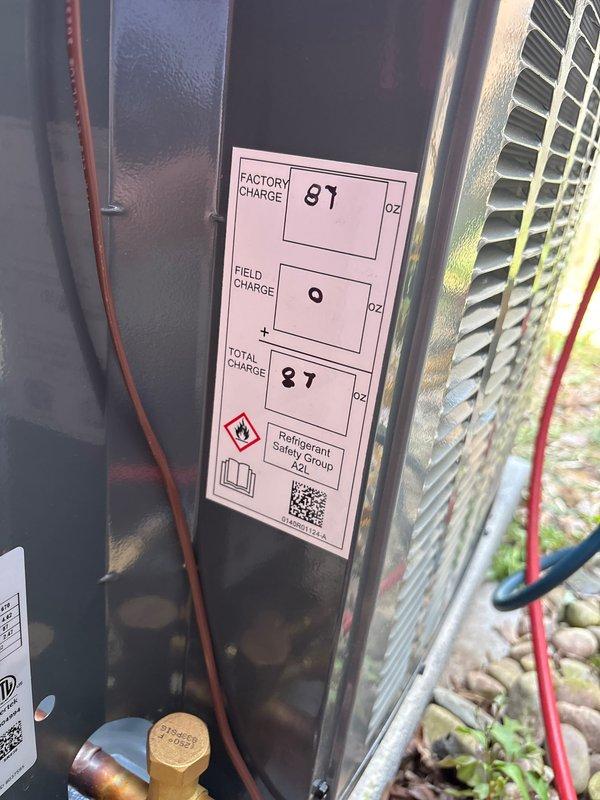 Completed full air conditioning system replacement at residential property. New outdoor condensing unit installed on composite base pad against exterior wall with proper clearances maintained. System charged with refrigerant per manufacturer specifications showing factory charge of 87 oz with field charge of 9 oz for total system charge of 87 oz. All electrical connections completed, copper line set installed with proper insulation, and unit tested for proper operation. Michigan Saves financing documentation processed and submitted for approval.