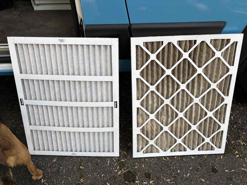 Completed annual cooling maintenance on 8-year-old EcoAir system (2021 model). Inspected air handling unit and ductwork, noting significant condensation present on metal surfaces indicating proper cooling operation and high humidity conditions. Replaced heavily soiled air filter with new unit to restore proper airflow and system efficiency.