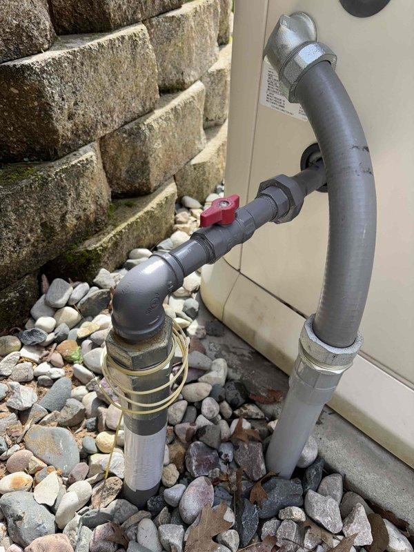 Responded to emergency call after utility company issued pink tag for significant gas leak at generator union connection. Inspected 2-year-old Generac unit and identified leaking union fitting on gas supply line. Tightened connection, applied pipe dope to threads, and pressure tested system to verify leak was eliminated and all connections were secure per manufacturer specifications.