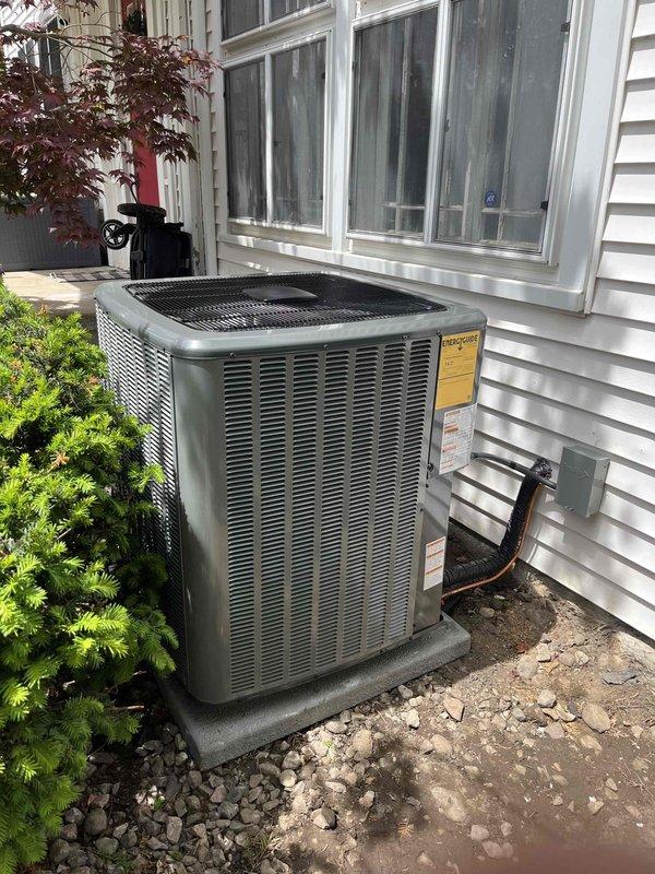 Completed full HVAC system installation including new outdoor condensing unit and indoor furnace. Outdoor unit installed on concrete pad with proper refrigerant line routing and electrical disconnect. Indoor furnace installed in basement with PVC venting system and connection to existing ductwork. All manufacturer specifications verified, system tested for proper operation, and payment collected per authorization.