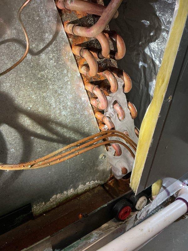 Responded to no cooling complaint on 7-year-old Luxaire system. Upon inspection, discovered evaporator coil assembly with extensive rust and corrosion throughout copper tubing and fins, indicating severe deterioration beyond serviceable condition. Documented system condition with photos showing compromised heat exchanger coil, corroded refrigerant lines, and overall equipment degradation requiring coil replacement or full system evaluation.
