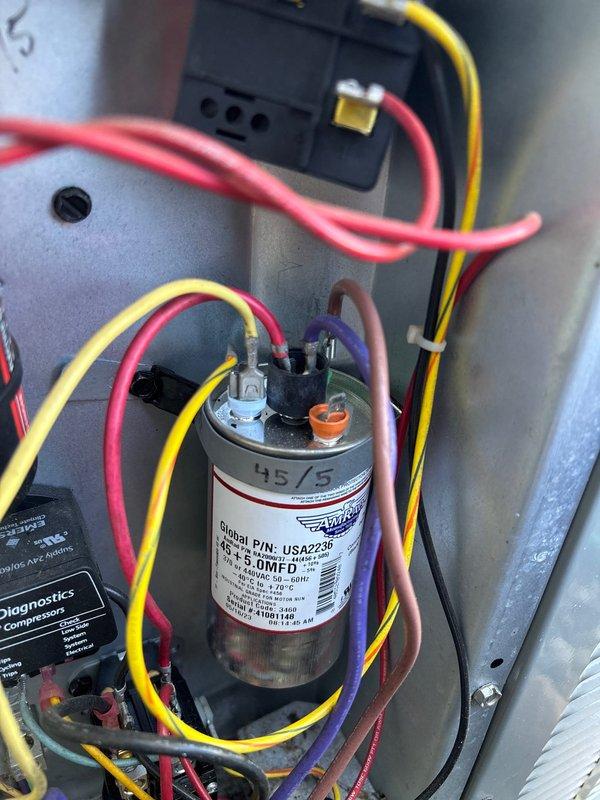 Completed annual cooling maintenance on 2016 EnergiAir system under warranty through May 2027. Replaced thermostat batteries as requested to resolve low battery display warning. Inspected and tested dual-run capacitor (45/5 MFD, 440 VAC), verified all electrical connections and wiring integrity, and confirmed proper system operation.