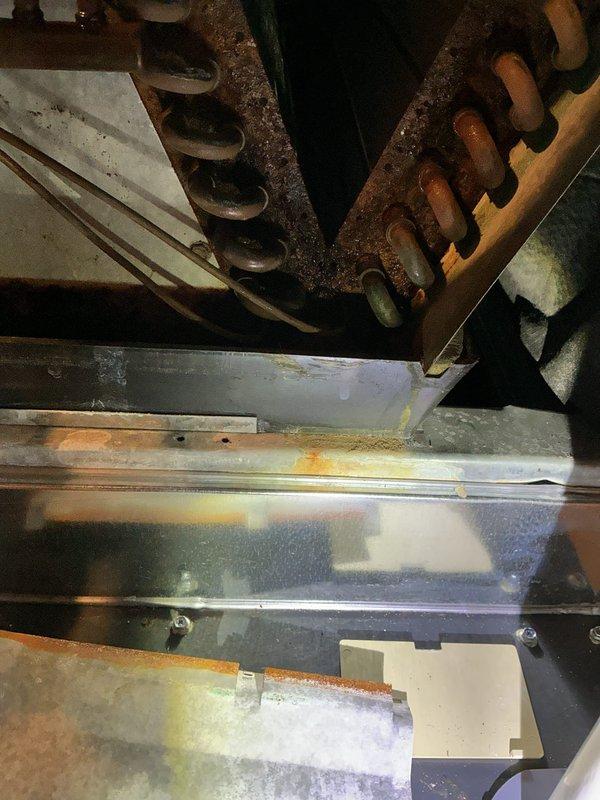 Responded to water leak complaint with water accumulating under furnace. Upon inspection, found significant rust and corrosion on evaporator coil components and condensate drain pan, with visible water staining indicating ongoing moisture issues. Documented internal HVAC system components including control boards and wiring harnesses. Photographed corroded metal surfaces showing brownish-orange patina on copper tubing and coil fins, along with discolored galvanized drain pan with water marks. System appears to be experiencing condensate drainage problems requiring further evaluation and potential component replacement to resolve leak source.