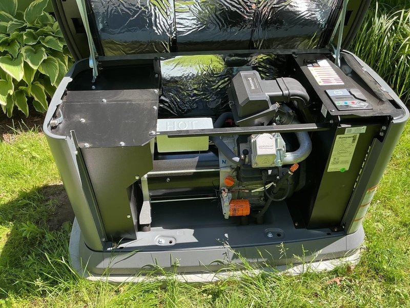 Performed generator tune-up and maintenance inspection on Generac unit displaying yellow warning indicator for battery inspection. Conducted comprehensive system evaluation including visual inspection of all accessible components, electrical connections, and mounting hardware. Verified proper operation of control panel interface and documented equipment condition with photographic records. Unit appears to be in functional condition with 1-year Honeywell warranty active through April 2027. Recommended continued monitoring of battery status per manufacturer specifications.