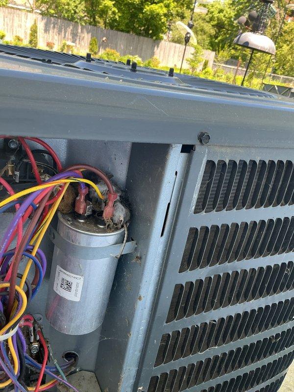 Completed annual cooling maintenance on a 5-year-old Goodman air conditioning system. Performed comprehensive tune-up including inspection of outdoor condensing unit, capacitor testing, and condenser coil evaluation. Inspected indoor evaporator system including drain pan and condensate pump assembly, noting accumulated sediment requiring monitoring. All electrical connections verified secure with proper wire terminations at capacitor terminals. System operating within normal parameters upon completion of preventive maintenance service.