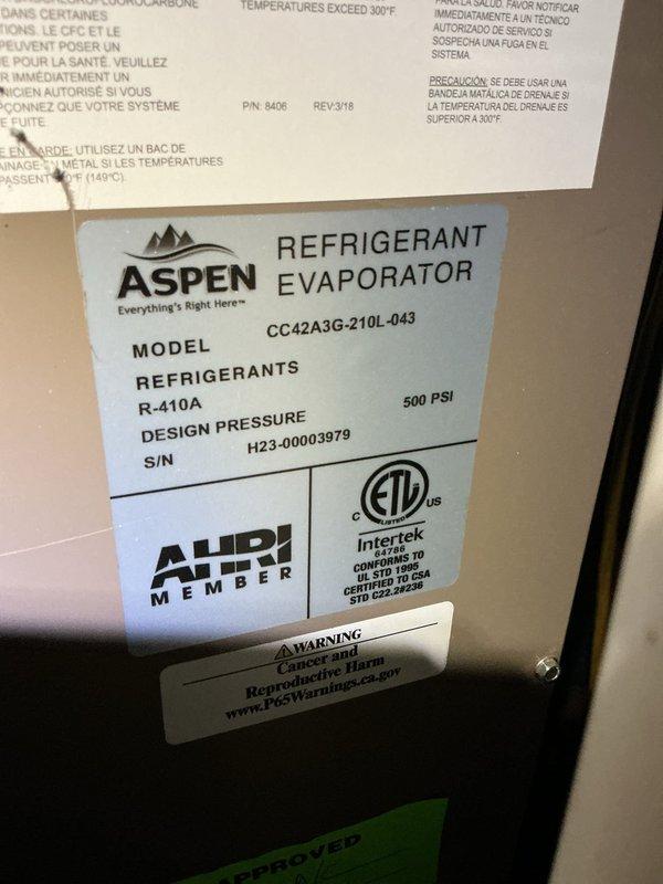Completed annual cooling maintenance on Luxaire outdoor condensing unit and Aspen refrigerant evaporator system utilizing R-410A refrigerant. Performed comprehensive tune-up inspection including visual assessment of equipment condition, verification of proper operation, and documentation of unit specifications (Model CC42A3G-210L-043, Serial H23-00003979). System found operating within normal parameters with no immediate repairs required at time of service.