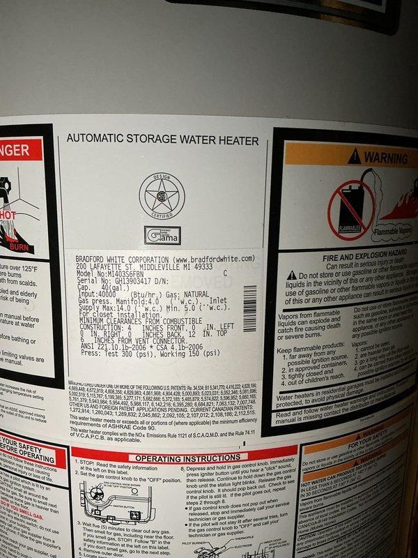 Performed comprehensive assessment of 16-year-old Bradford White residential water heater for replacement estimate. Documented existing unit specifications, plumbing connections, and installation configuration including copper supply lines, valves, and top-mounted connections. Confirmed standard residential installation location and verified best contact information for follow-up coordination.