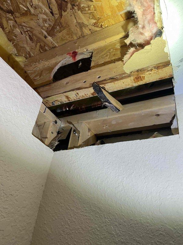 Completed QUOTR-quoted repair involving cutting back ceiling drywall to access and redirect an irrigation line that was causing water damage to interior room. Exposed structural joists and OSB sheathing showed evidence of moisture intrusion with visible staining and material deterioration. Successfully rerouted the irrigation line to prevent future leaks and prepared the ceiling cavity for drywall restoration.