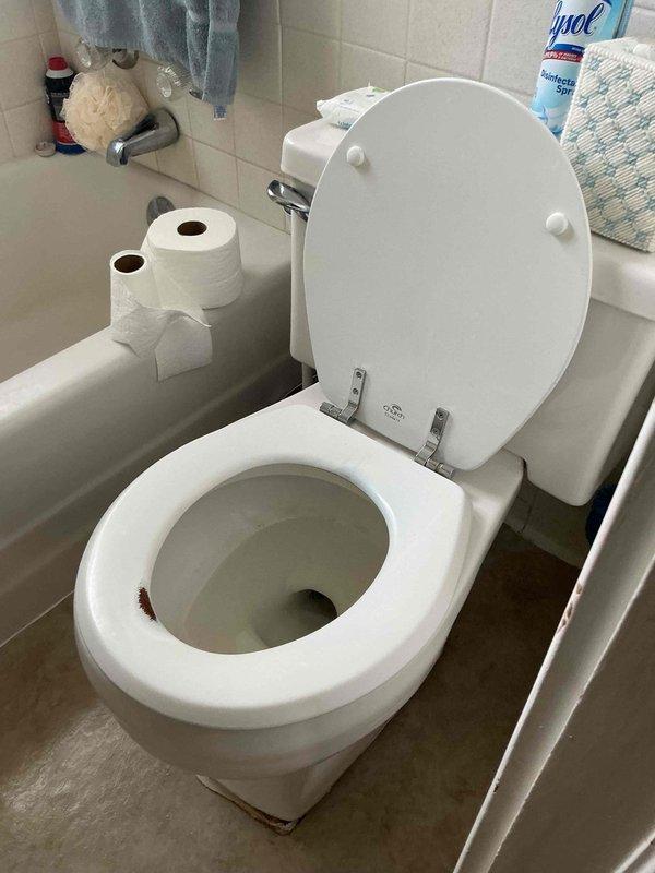 Responded to toilet backup with minor leak penetrating ceiling below. Upon inspection, documented existing conditions of standard residential toilet installation showing signs of base seal deterioration with visible staining at floor connection point. Assessed plumbing system for blockage sources and leak pathway causing water damage to lower level ceiling. Photographed toilet assembly, mounting hardware, and surrounding bathroom fixtures to document pre-service conditions and identify root cause of backup and leak issue.