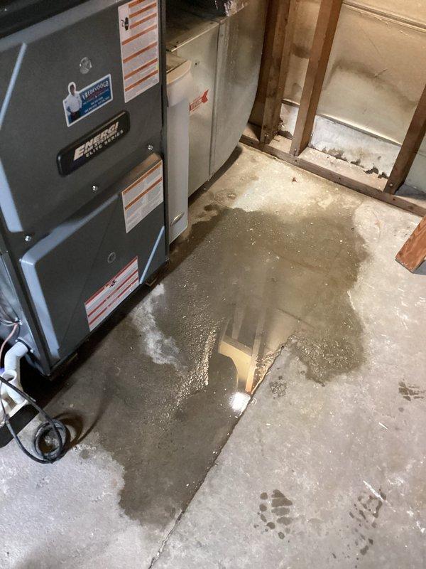 Responded to callback for furnace water leak issue. Upon arrival, found significant water pooling on basement concrete floor around Ernst Heating and Cooling branded furnace unit. Documented extensive water accumulation with puddles several inches deep in irregular patterns across utility area floor. Measured and photographed water damage at baseboard level showing moisture intrusion. Evidence of ongoing water intrusion observed with staining on concrete indicating previous moisture issues. Unit is 8 years old and under warranty coverage through February 2028. Captured photographic documentation of flooded conditions and furnace unit with visible safety labels for service records.