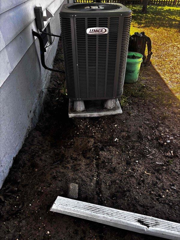 Completed annual cooling maintenance on 14-year-old Lennox air conditioning system. Performed comprehensive tune-up inspection of outdoor condenser unit, checked refrigerant levels, cleaned coils, and verified proper operation of all components. Customer did not have replacement filter available for indoor unit at time of service.