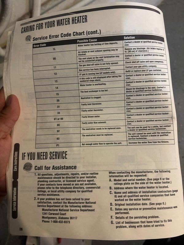 Responded to service call for 9-year-old Richmond tankless water heater experiencing intermittent beeping during high-demand usage (laundry, bathtub filling). Inspected unit and main remote control panel (UMC-117) currently set at 120°F with priority mode active. Reviewed manufacturer service error code chart to diagnose potential causes of audible alarm. Determined beeping likely related to demand/flow rate issues when multiple fixtures operate simultaneously or during high-volume draws. Unit continues to function properly for lower-demand applications such as showers and sink usage, indicating heating elements and basic operation remain functional but system may be approaching capacity limits or experiencing scaling buildup affecting flow sensors.