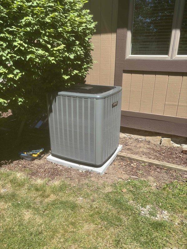 Successfully completed full HVAC system replacement including outdoor condensing unit and indoor air handler with associated ductwork modifications. Installed new Bryant air conditioning condenser on exterior pad with proper clearances from structure and landscaping, connected refrigerant lines, and verified electrical connections. Replaced indoor air handler unit in basement mechanical room, integrated with existing ductwork system, and installed new PVC condensate drain lines with proper pitch and securing. Performed complete system startup, verified refrigerant charge, tested all safety controls, and confirmed proper airflow throughout distribution system. Concurrently replaced water heater unit to meet current code requirements. All equipment commissioned and operating within manufacturer specifications upon departure.